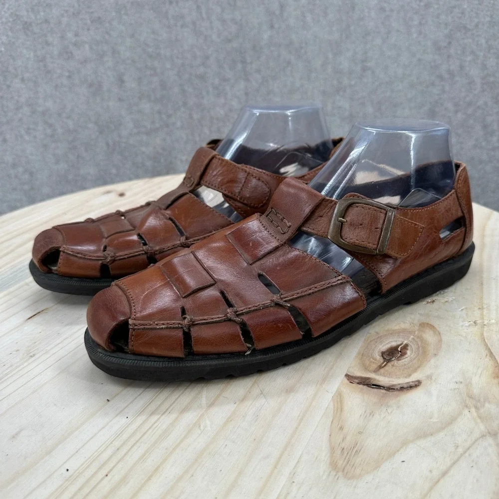 Vintage Fisherman Sandals Mens 8.5 Brown Leather Woven Buckle Strap